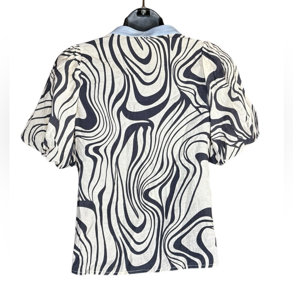 THML women’s geometric Juliet sleeves black cream v neck blue and orange trim - Picture 3 of 7